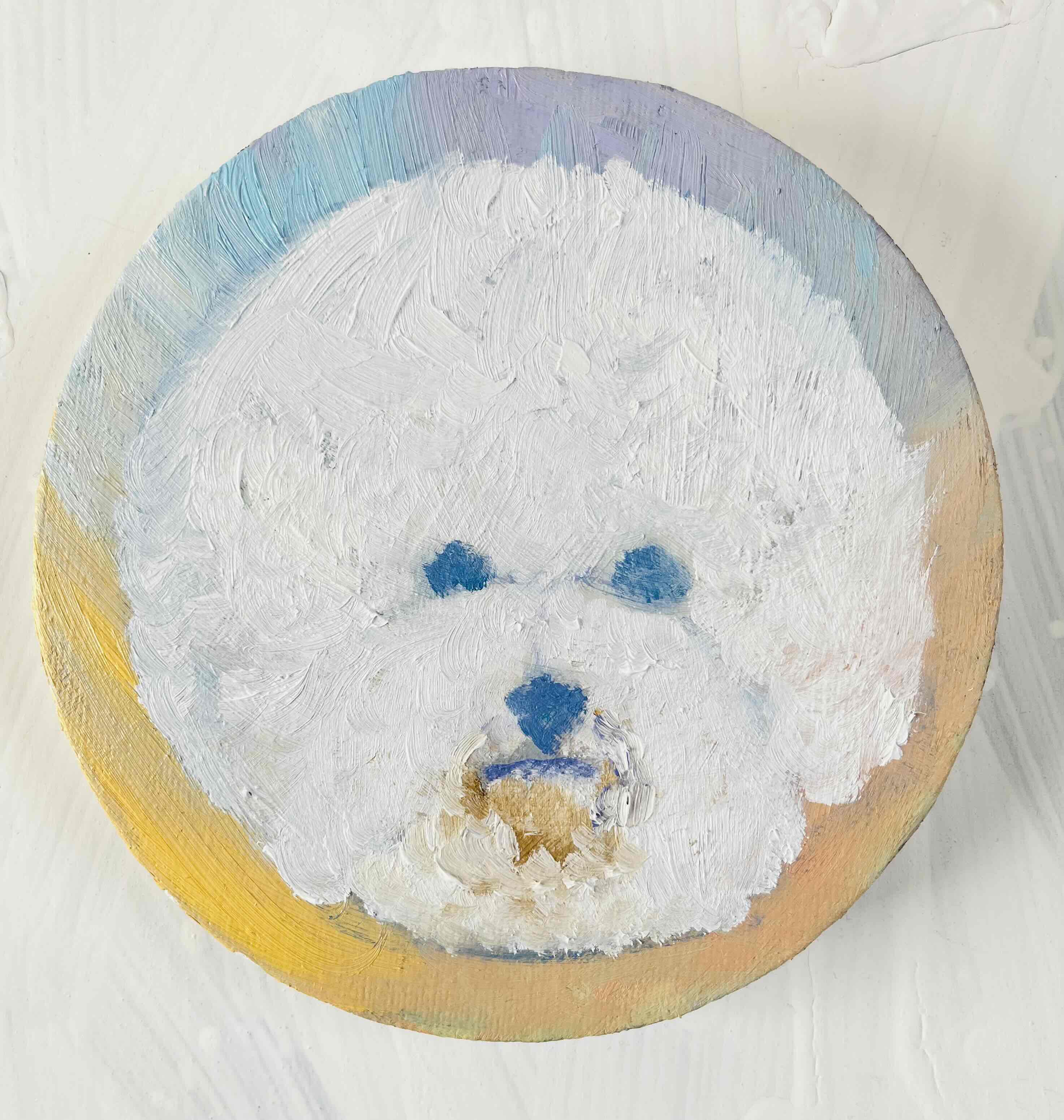 原画・油彩・犬　DOG「ビジョンフリーゼの肖像20261 」絵画・ 直径15cm・丸形アートパネル