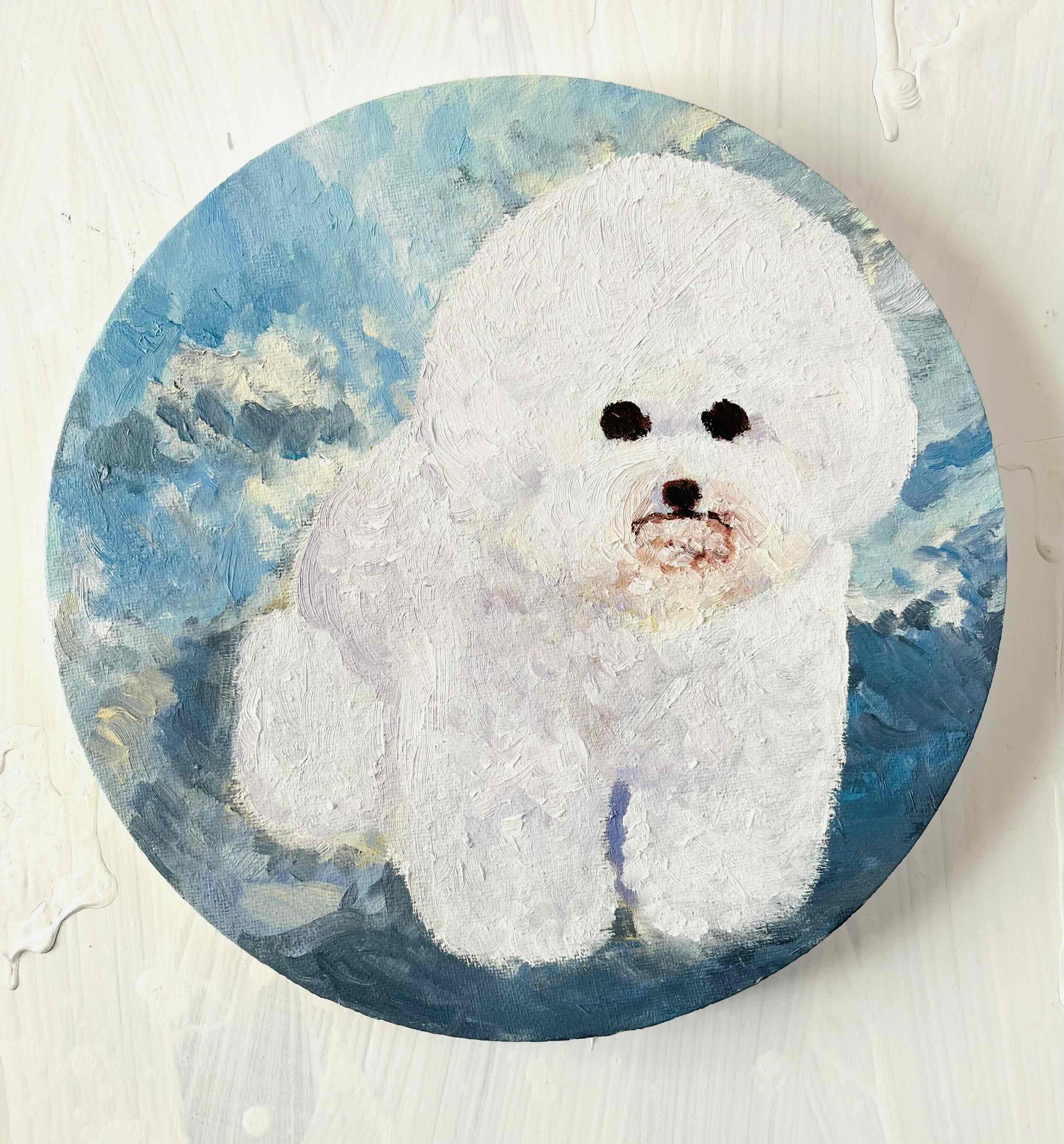 原画・油彩 犬・DOG『ビジョンフリーゼ全身像20261』絵画・ 直径25cm・アート・丸形キャンバス