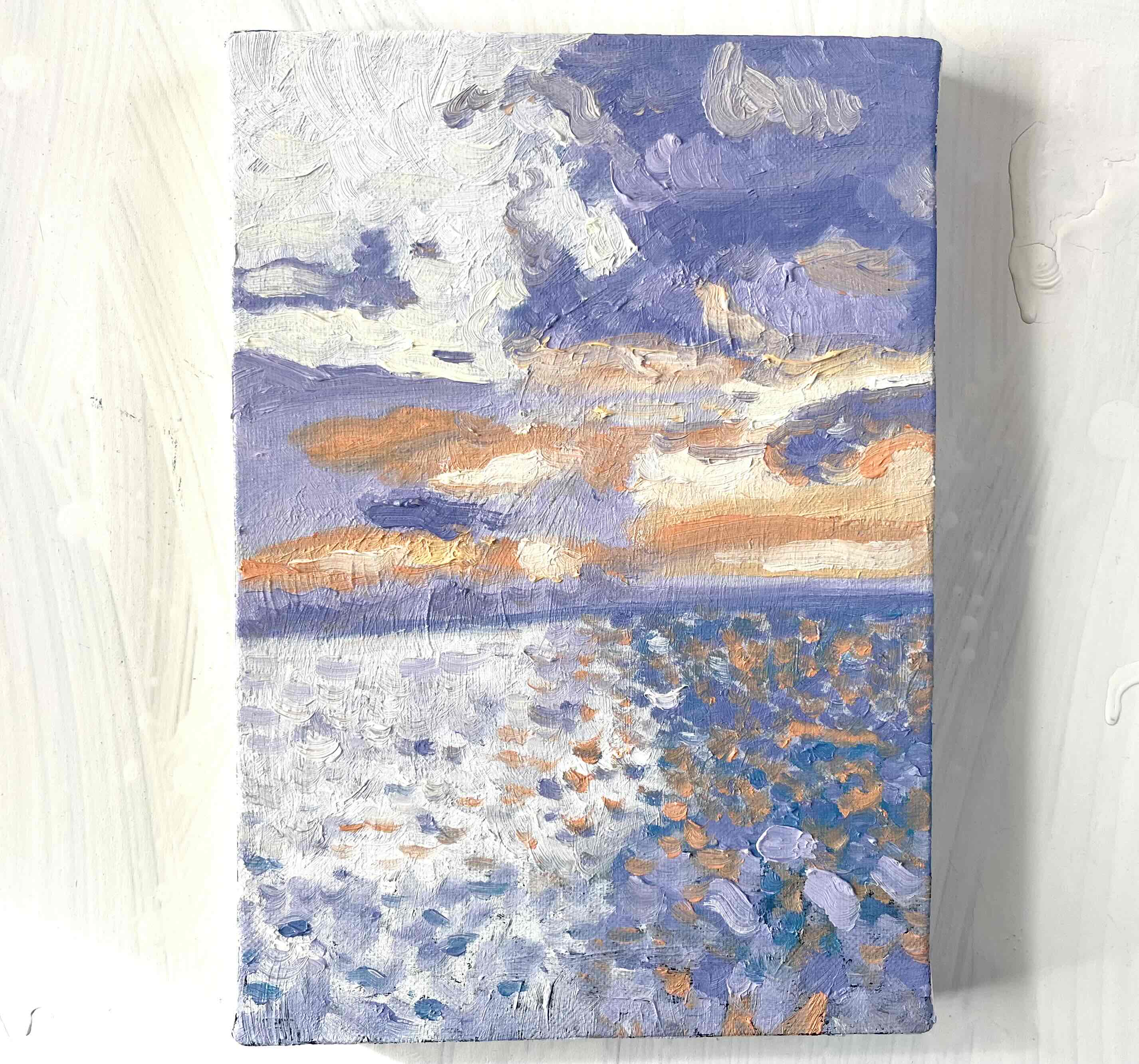 原画　油彩「バイオレット色の海」絵画・サムホール（16×23㎝）アート・キャンバス